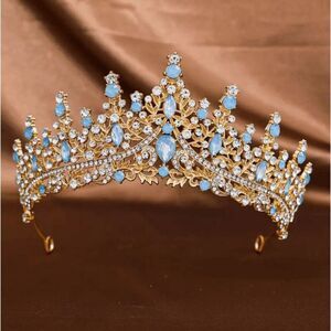 Wicked Silk Prom, Quinceanera Jeweled Crown Tiara Headband - Light Blue